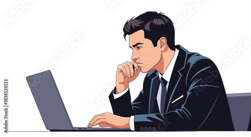 A businessman in a suit looks thoughtfully at a laptop screen while working at his desk.