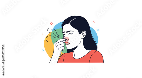 Woman pinching nose to block bad smell, with colorful abstract shapes in the background.