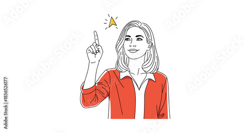 A woman points upwards with a bright idea symbol above her head, representing inspiration and innovation.