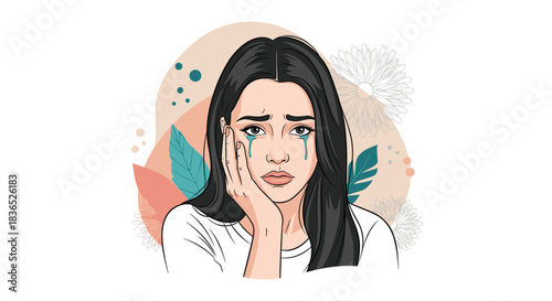 Sad young woman with tears streaming down her face, resting her head on her hand.