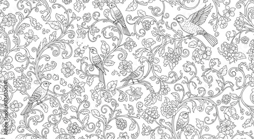 Seamless black and white floral pattern with birds and ornate scrolling vines.