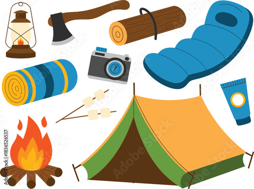 Camping equipment vector illustration set featuring tent, campfire, sleeping bag, axe, logs, marshmallows, lantern, camera, and outdoor essentials