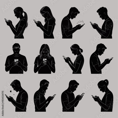 Silhouetted men and women using smartphones, illustrating digital habits and absorbed mobile device interaction.