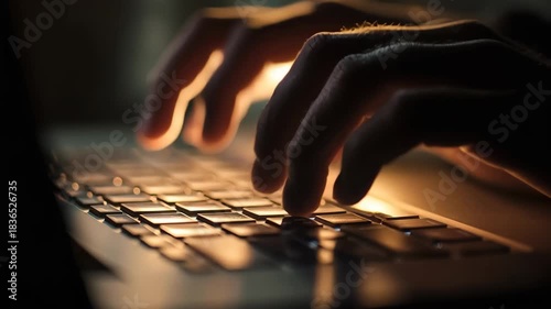 Close up of hands typing on a laptop during a late-night coding session in a dimly lit room focusing on creating innovative software solutions