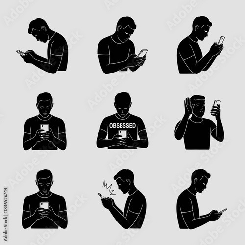 Silhouetted man displays various smartphone-focused behaviors, illustrating modern phone addiction and habitual digital engagement.
