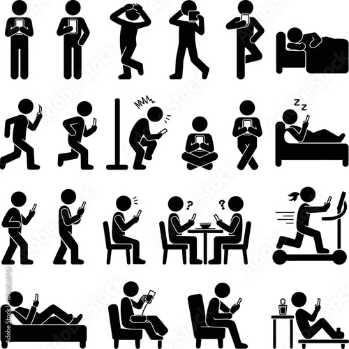 Silhouette figures using smartphones during daily activities, illustrating technology dependence, distraction, and modern digital behavior.
