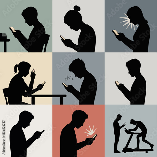 Silhouettes of people focused on smartphones in various daily scenarios, illustrating technology dependence and distraction.