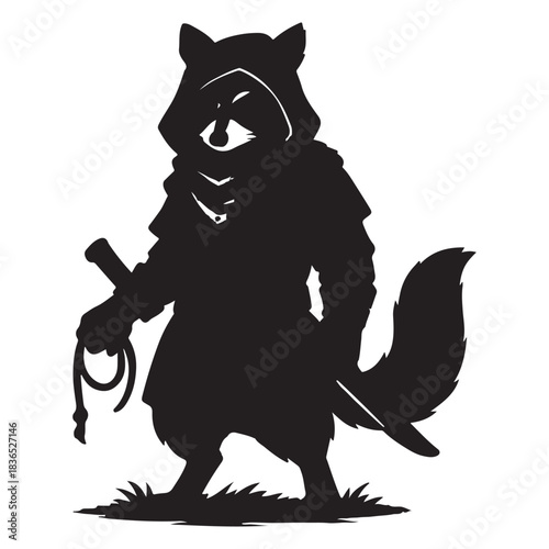 Hooded raccoon warrior stands ready gripping rope and blade today