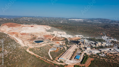 Open pit mine showcasing heavy industry operations with machinery, coal extraction, and cement production in a vast landscape with copy space. Aerial