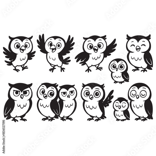 Playful owls gather together sharing lively moments in cheerful harmony.