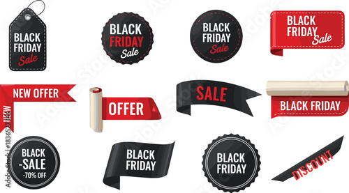 Black Friday Sale tags and discount ribbon banner collection, big annual shopping event advertising, special offer sticker, new offer, promotion, marketing