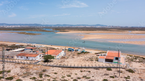 Above view shows Ria Formosa and Praia de Faro in Portugal with sandy areas, water, and small boats along the shoreline and nearby houses
