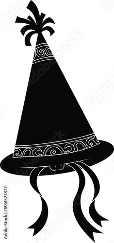 Party hat black silhouette, festive design, ribbon