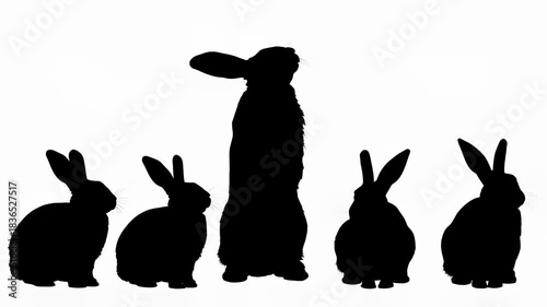 Rabbits in a row, silhouetted against a crisp white background, embodying unity, togetherness, and synchronicity, perfect for commercial use cases highlighting cooperation, collaboration.
