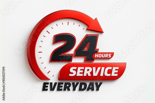 Red 24 hours service everyday emblem with clock face and text on white background