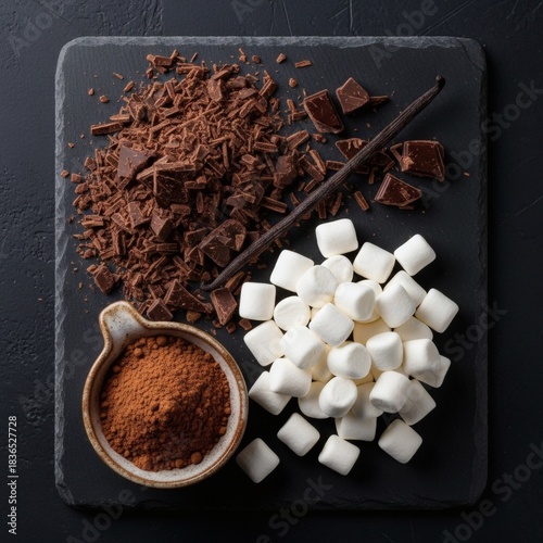 Overhead view of hot chocolate ingredients - chocolate shavings, cocoa powder, marshmallows, and vanilla bean on a dark slate board.