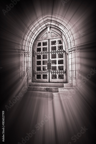church doors entrance shine with a welcoming spiritual radiant glow as invitation to enter