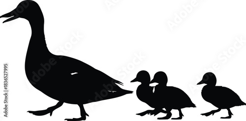Silhouette of goose leading three goslings in a row