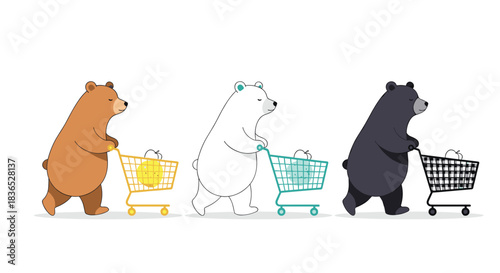 Charming illustration of a brown bear, polar bear, and black bear walking in a line while pushing colorful shopping carts.