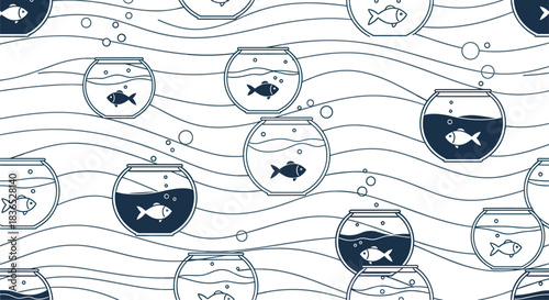 Monochrome seamless pattern featuring cute fish swimming in round fishbowls against a background of stylized water waves and bubbles.
