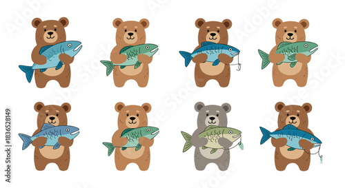 Adorable collection of cute cartoon brown bears, each proudly holding a large freshly caught fish, in various fun illustrations.