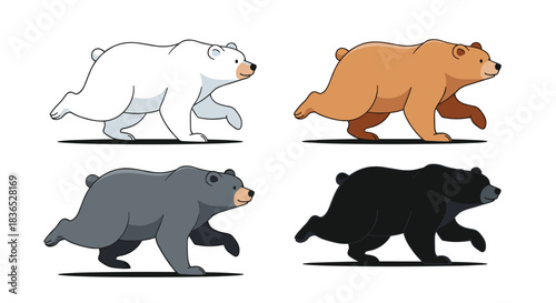 Dynamic cartoon animation sprites of running bears, featuring a polar bear, grizzly bear, grey bear, and black bear in motion.