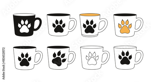 Collection of coffee mugs and cups decorated with animal paw prints, shown in various colors and outline styles for pet lovers.