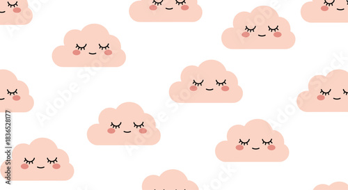Adorable seamless pattern for a nursery featuring cute pink clouds with sleeping faces and rosy cheeks on a white background.
