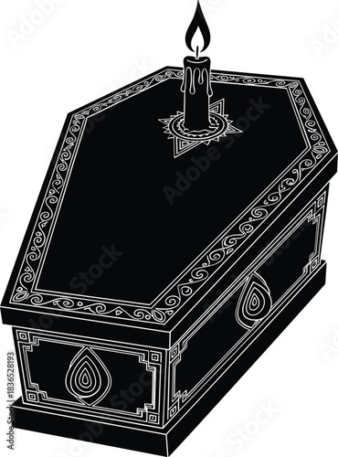Ornate coffin with lit candle, symbolizing death and loss