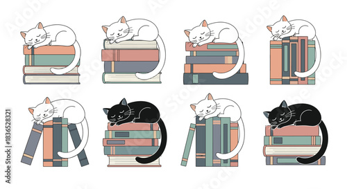 Cozy collection of cute cartoon cats, in black and white, sleeping peacefully on top of colorful stacks of library books.