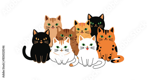 Adorable illustration of a large, happy group of various colorful cartoon cats and kittens all sitting together as a big family.