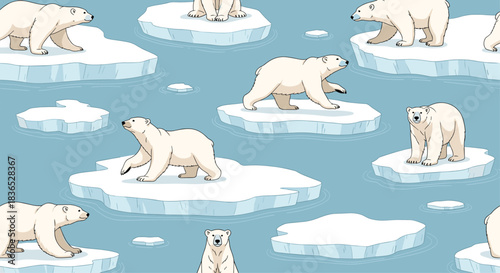Seamless pattern depicting majestic polar bears walking and standing on floating ice floes in the cold blue arctic ocean water.