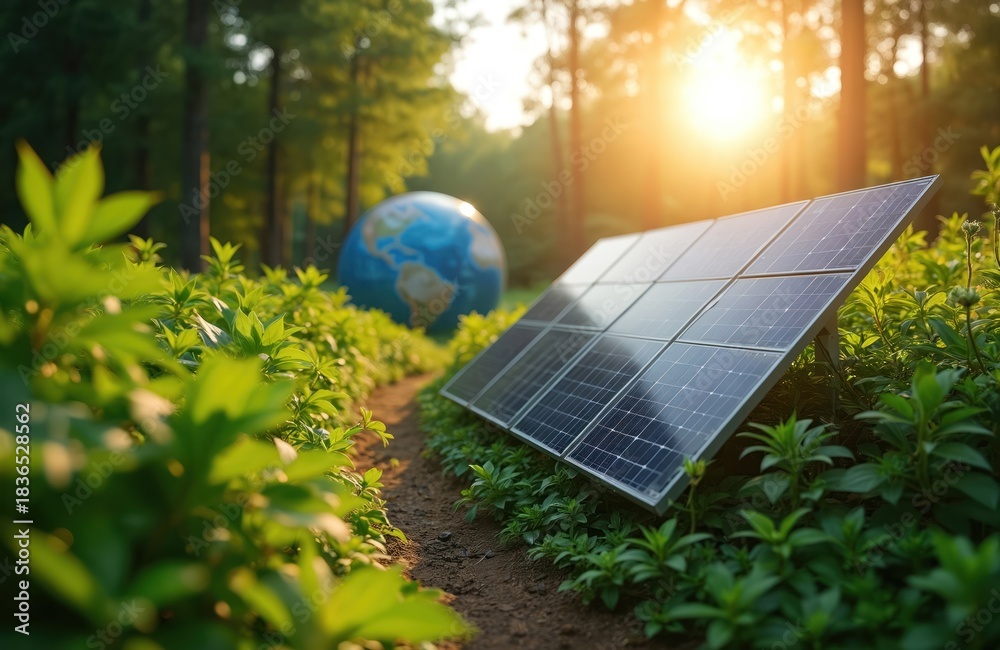 Obraz premium Solar panel stands among green plants near forest. Earth globe represents eco energy solutions, eco protection. Clean electricity, green technology, ecological lifestyle. Sustainability theme