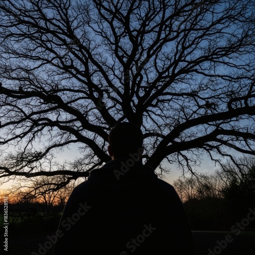 Silhouette of a person standing in front of a large, bare tree against a twilight sky.