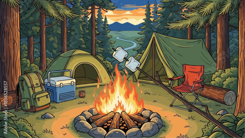 Camping adventure in the woods with bonfire and roasting marshmallows brazil ceara