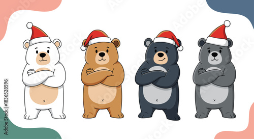 Festive Christmas illustration of four cute cartoon bears?polar, grizzly, and black bears?wearing Santa hats with their arms crossed.