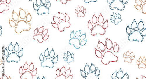Colorful seamless pattern of animal paw prints with a textured, sketchy outline in red, blue, and orange on a white background.