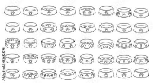 Extensive collection of various empty pet food bowls, illustrated in a clean and simple black and white line art style.