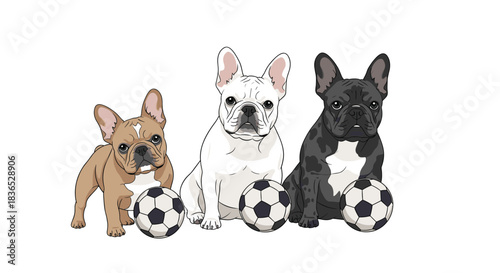 Three adorable French bulldog puppies in fawn, white, and black pied colors sitting together with soccer balls on a white background.