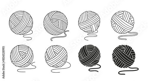 Set of eight yarn ball icons, including both line art and solid black silhouette styles, perfect for knitting and craft projects.