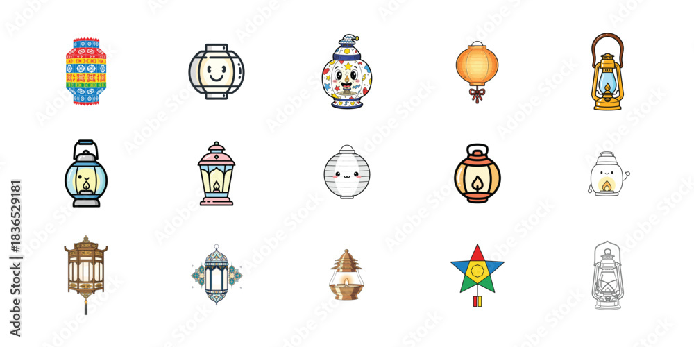 Fototapeta premium Collection of hand drawn lanterns for mid autumn festival celebration