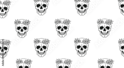 Seamless monochrome pattern of human skulls wearing flower crowns, drawn in a detailed line art style on a white background.