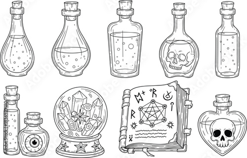 Set of Witchcraft Magic Potions and Alchemy Objects Line Art Vector