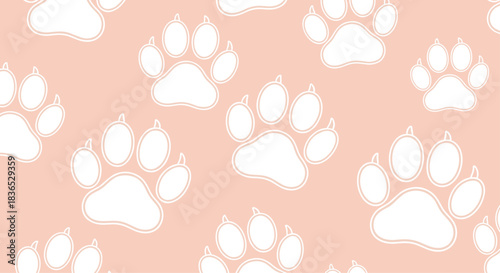 Seamless pattern of large white paw prints outlined on a soft pink background, creating a simple and cute animal-themed wallpaper.