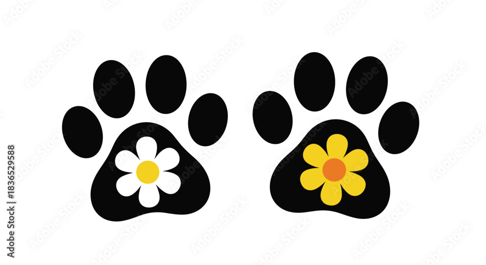 Fototapeta premium Two simple black paw print icons, each decorated with a cute daisy flower in the center, representing a love for pets.