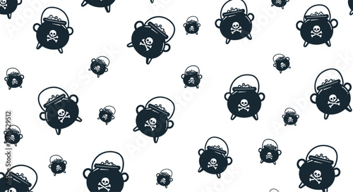Seamless Halloween pattern of black cauldrons with skull and crossbones symbols, scattered randomly across a clean white background.