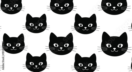 Simple and cute seamless pattern of black cat faces with white whiskers against a clean white background for a minimalist design.