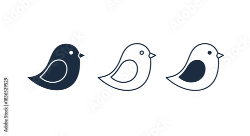 A simple set of three bird icons, featuring a solid black silhouette, a clean outline, and a combined style.