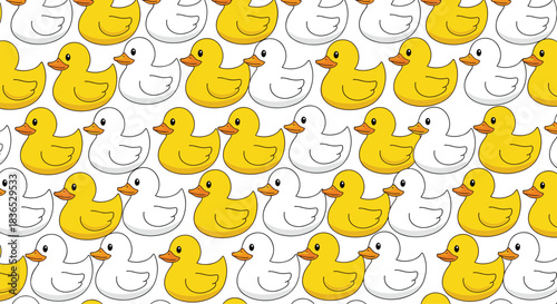 Cute and cheerful seamless pattern of yellow and white rubber ducks arranged in neat rows, creating a perfect background for children.