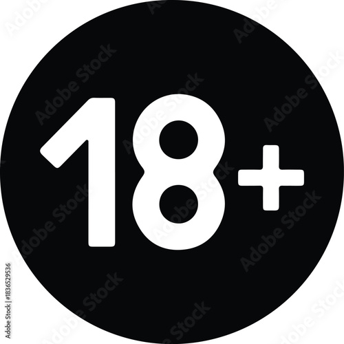 Black circle with white 18 plus symbol eighteen plus 4